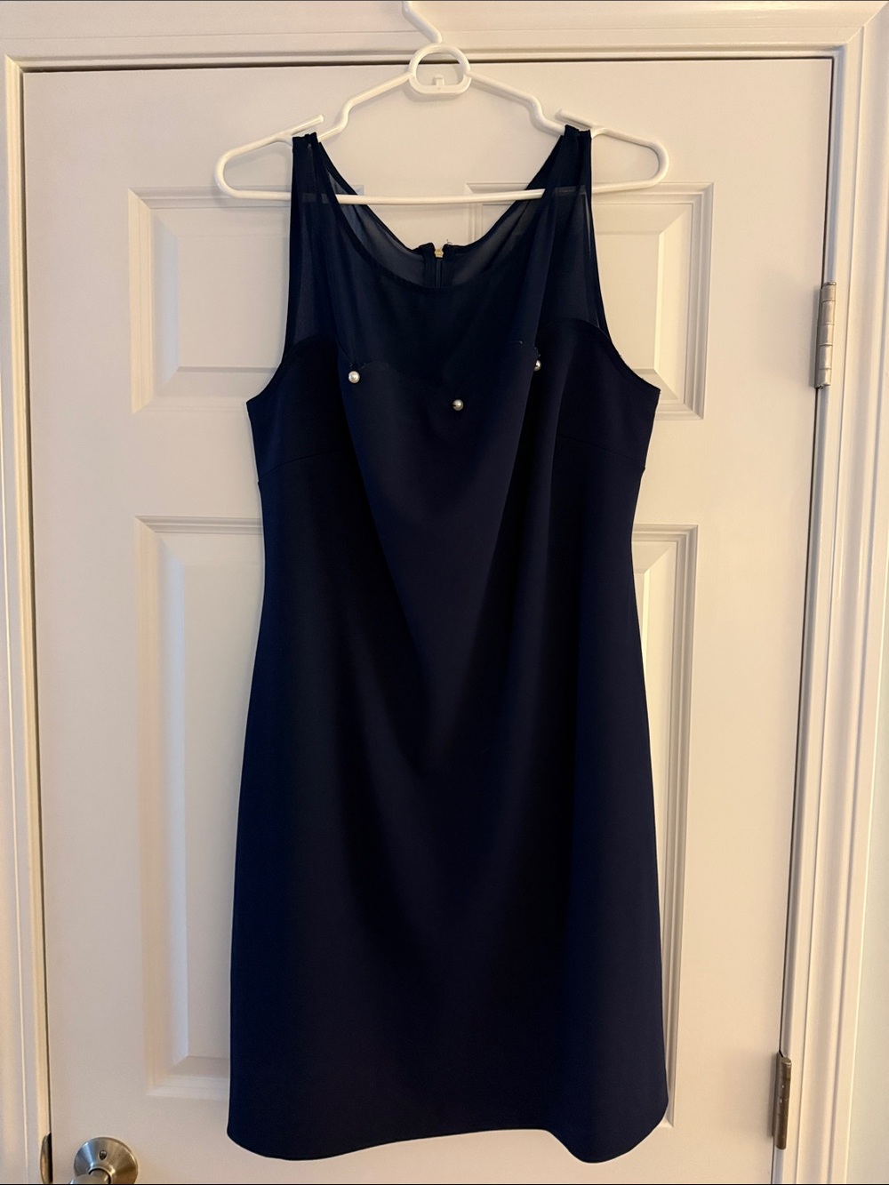 Karl Lagerfeld Navy Sleeveless Sheer Yoke Midi Dress with Pearl Accents